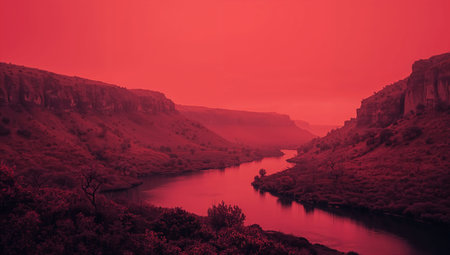 A river flows gently through a valley bordered by hills. The sky is filled with a red hue as the sun sets. This scene captures the beauty of nature at dusk.の素材