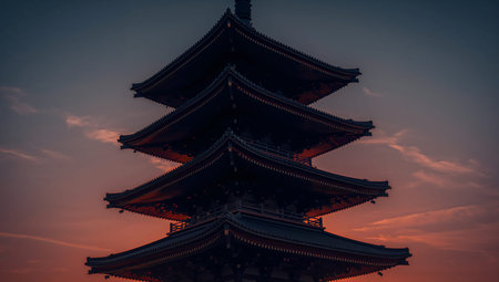 A pagoda stands against a colorful sunset sky. The structure shows multiple tiers and intricate design. The clouds reflect shades of orange and purple during the evening.の素材
