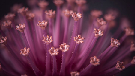 A close view highlights the parts of a pink flower in a garden. The scene showcases small structures emerging from the center. This moment captures floral beauty in natural light.の素材
