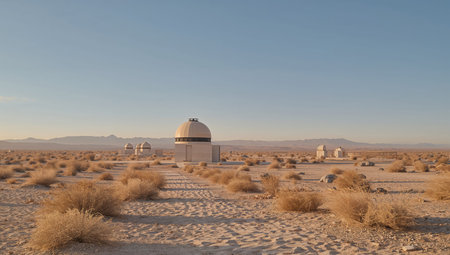 Observatories sit quietly in the desert as sunlight casts long shadows on the ground. Rocks and dry grass fill the area around the buildings. Mountains are visible in the distance.の素材