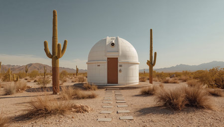 Observatories sit quietly in the desert as sunlight casts long shadows on the ground. Rocks and dry grass fill the area around the buildings. Mountains are visible in the distance.の素材
