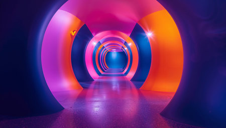A tunnel displays circular patterns with bright colors. Lights in shades of purple, orange, and blue shine, creating a vibrant atmosphere.の素材