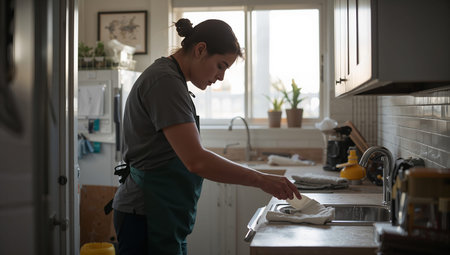 A woman cleans dishes at a sink in a kitchen filled with light. She is focused on her task while surrounded by plants. The scene shows home life and daily chores.の素材