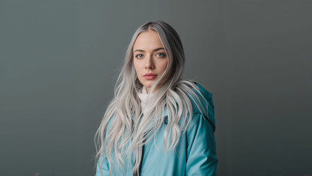 A young woman with long light hair is standing inside a space with gray walls. She is wearing a blue jacket and looks directly at the camera. The light is soft and even.の素材