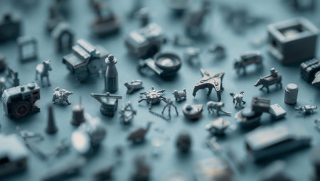 Small objects in metal or plastic are placed on a flat surface. The items include toys and tools in various sizes and shapes. Some are detailed while others are simple and plain.の素材