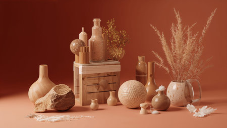 Various wooden and glass objects sit on a simple surface. Some objects include vases and jars, along with dried plants. The scene shows a modern and artistic display in natural light.の素材