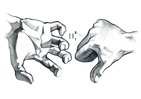 Graphic drawing with a graphite pencil of hands with different gestures of fingers. Illustration executed from nature by hand on white paper.の写真素材