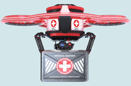 3D design concept isometric drones, flying quadcopters with remote controls. Remote-controlled unmanned aerial vehicle for medical applications. Electronic quadcopters. Unmanned drone, robot helicopter.の写真素材