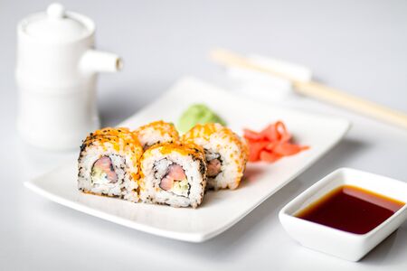 Sushi rolls on a white plate.の写真素材