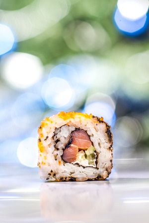 traditional fresh japanese sushi rolls on a white backgroundの写真素材