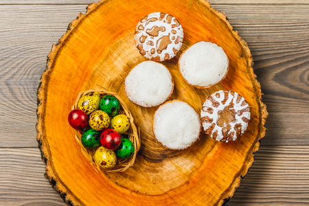 Easter composition on wooden background. Easter eggの写真素材
