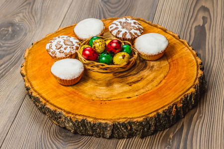 Easter composition on wooden background. Easter eggの写真素材