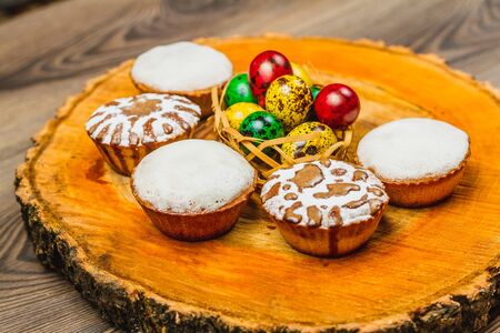 Easter composition on wooden background. Easter eggの写真素材