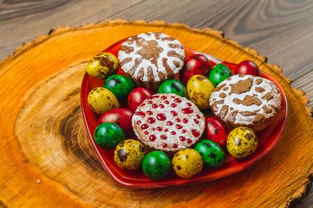 Easter composition on wooden background. Easter egg