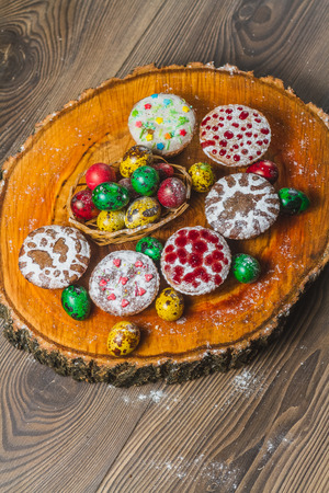 Easter composition on wooden background. Easter eggの写真素材