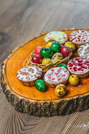 Easter composition on wooden background. Easter eggの写真素材