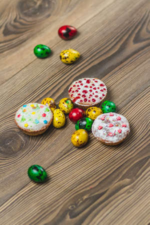 Easter composition on wooden background. Easter eggの写真素材