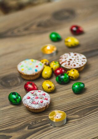 Easter Composition with chicken Eggs on the Warm Wooden Background. Easter composition with fresh...