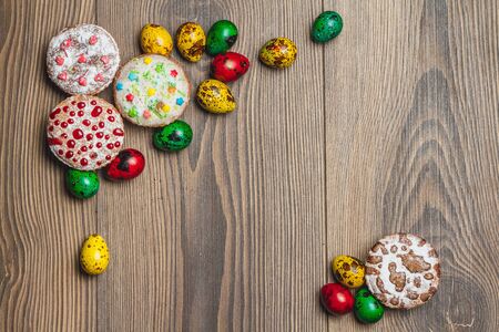 Easter composition on wooden background. Easter eggの写真素材