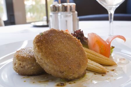 Fried cutlets with the mix of raw vegetables on a white plateの写真素材