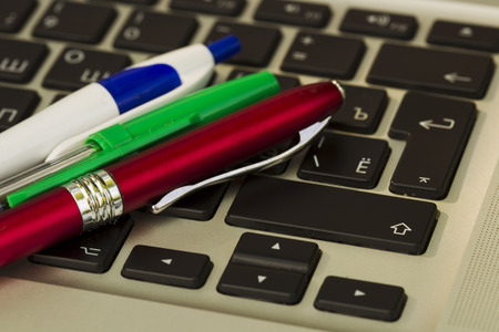 Laptop sunny summer day in the urban environment.の写真素材