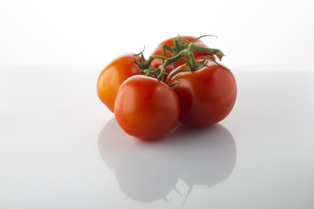 Red tomatoes on a green branch on a white background, studio lightingの写真素材
