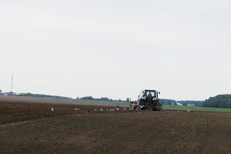 Tractor during agricultural work in the spring sunny grant