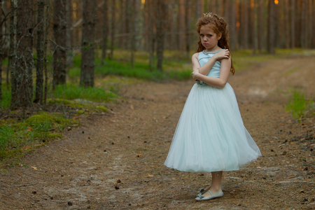 Little emotional girl in a princess dress in a summer forest, natural lightの写真素材
