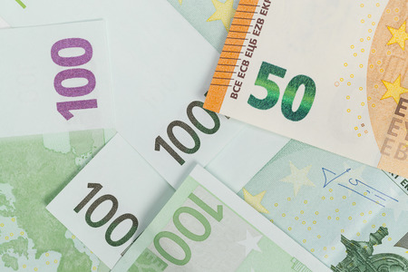 Finance. Money. Euro. Dollar bills. Macro. Top view. Studio light