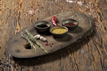 Ingredients, garlic, rosemary, chili pepper, tomato and soy sauce, mustard, spices, red and black pepper, salt on a beautiful dark wooden background, top view, studio lightの写真素材