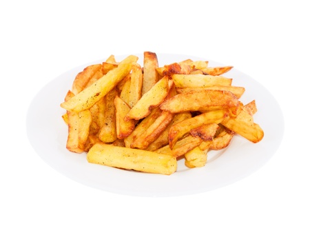 Fried potatoes on a white backgroundの写真素材