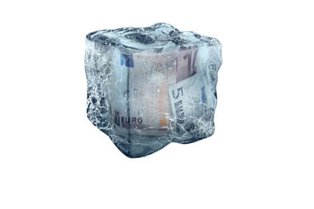 Frozen Euro money in ice cube, isolate on a white backgroundの写真素材