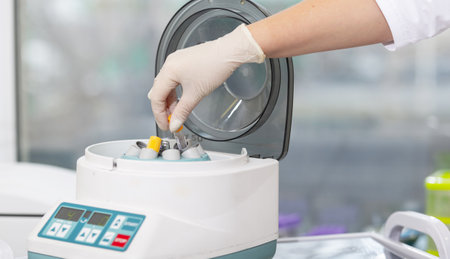 Medical centrifuge. Scientist loading a sample to centrifuge machine in the medical or scientific laboratoryの写真素材