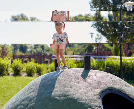 Active blonde girl play on obstacle course in playground in summer time