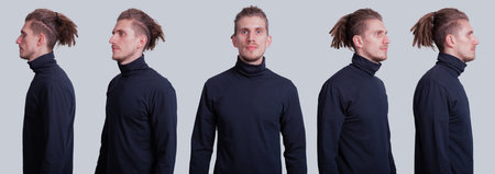 Set collage man in dark gray turtleneck and short dreadlocks on head standing on gray background....