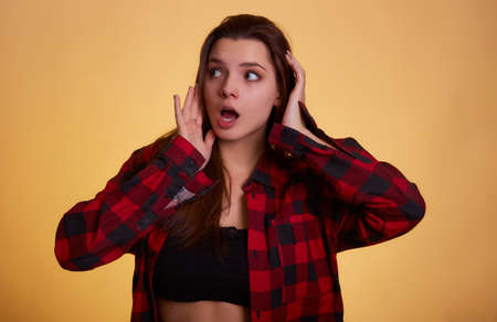 Young woman wearing casual clothes crazy and scared with hands on head, afraid and surprised. Wear casual checkered plaid shirt clothes People sincere emotions lifestyle concept. Mock up copy space.の写真素材