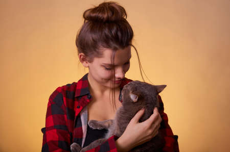 Closeup portrait of woman in checkered shirt posing on yellow background, with cat in hands....