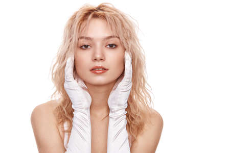 Woman with stylish white long mesh gloves isolated on white backgroundの写真素材