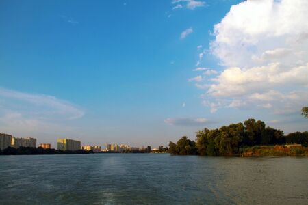 view of the evening city on the riverの写真素材