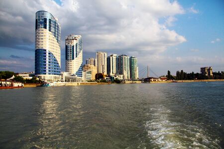 view of the evening city on the riverの写真素材