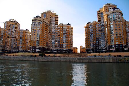 view of the evening city on the riverの写真素材