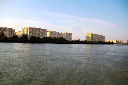 view of the evening city on the riverの写真素材