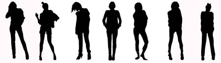 Silhouettes of young girls in a dress on a white backgroundの写真素材