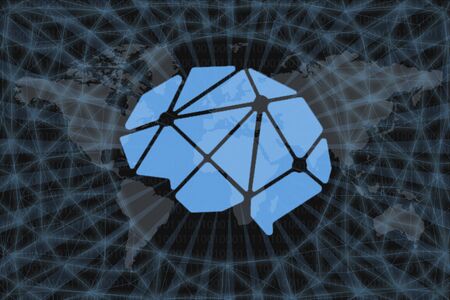 DeepBrain Chain DBC Abstract Cryptocurrency. With a dark background and a world map. Graphic concept...
