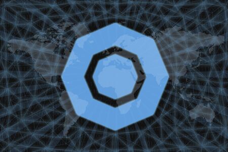 Komodo (KMD) Abstract Cryptocurrency. With a dark background and a world map. Graphic concept for your design.の写真素材