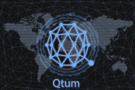 Qtum Abstract Cryptocurrency. With a dark background and a world map. Graphic concept for your design.の写真素材