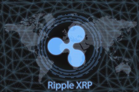 Ripple XRP Abstract Cryptocurrency. With a dark background and a world map. Graphic concept for your design.の写真素材