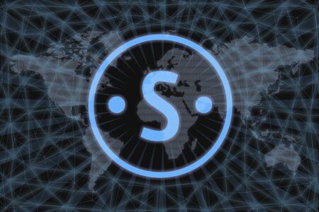 Santiment Network Token (SAN) Abstract Cryptocurrency. With a dark background and a world map....