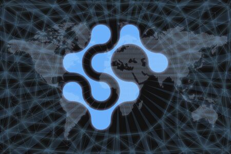 Synergy (SNRG) Abstract Cryptocurrency. With a dark background and a world map. Graphic concept for...