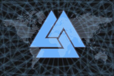 Trinity Network Credit (TNC) Abstract Cryptocurrency. With a dark background and a world map. Graphic concept for your design.の写真素材